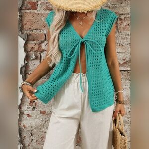 Summer Chic Crochet Sleeveless V-Neck Tie-Front Top